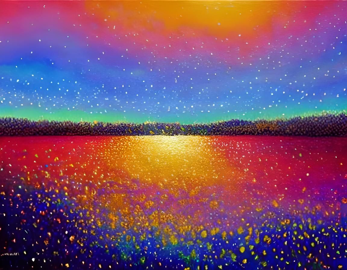 A sky all bronze and copper. A shower of golden crystals falls like dew on a garden of pink pearls and iridescent diamon...