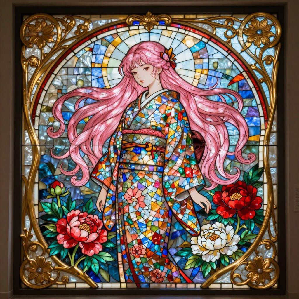 Girl in Stained Glass Kimono, Art Nouveau Frame