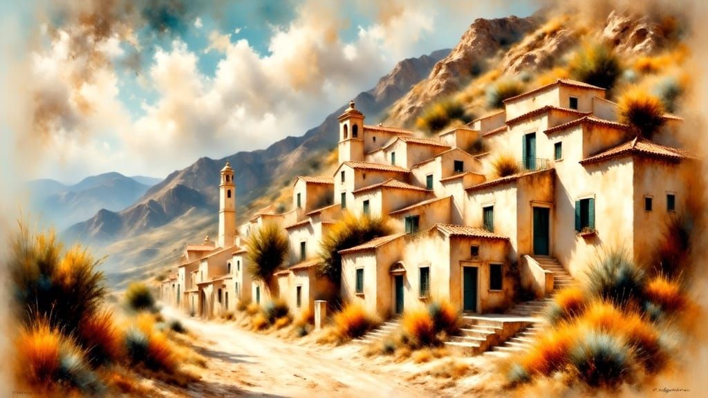 White-Washed Spanish Village on Desert Mountain Slope