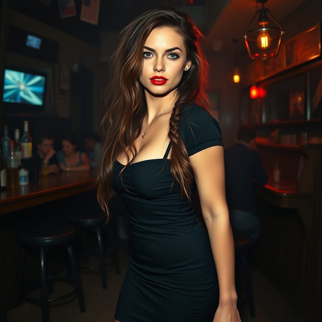 Sultry Woman Stands Unsteadily in Dimly Lit Bar, Exuding Con...
