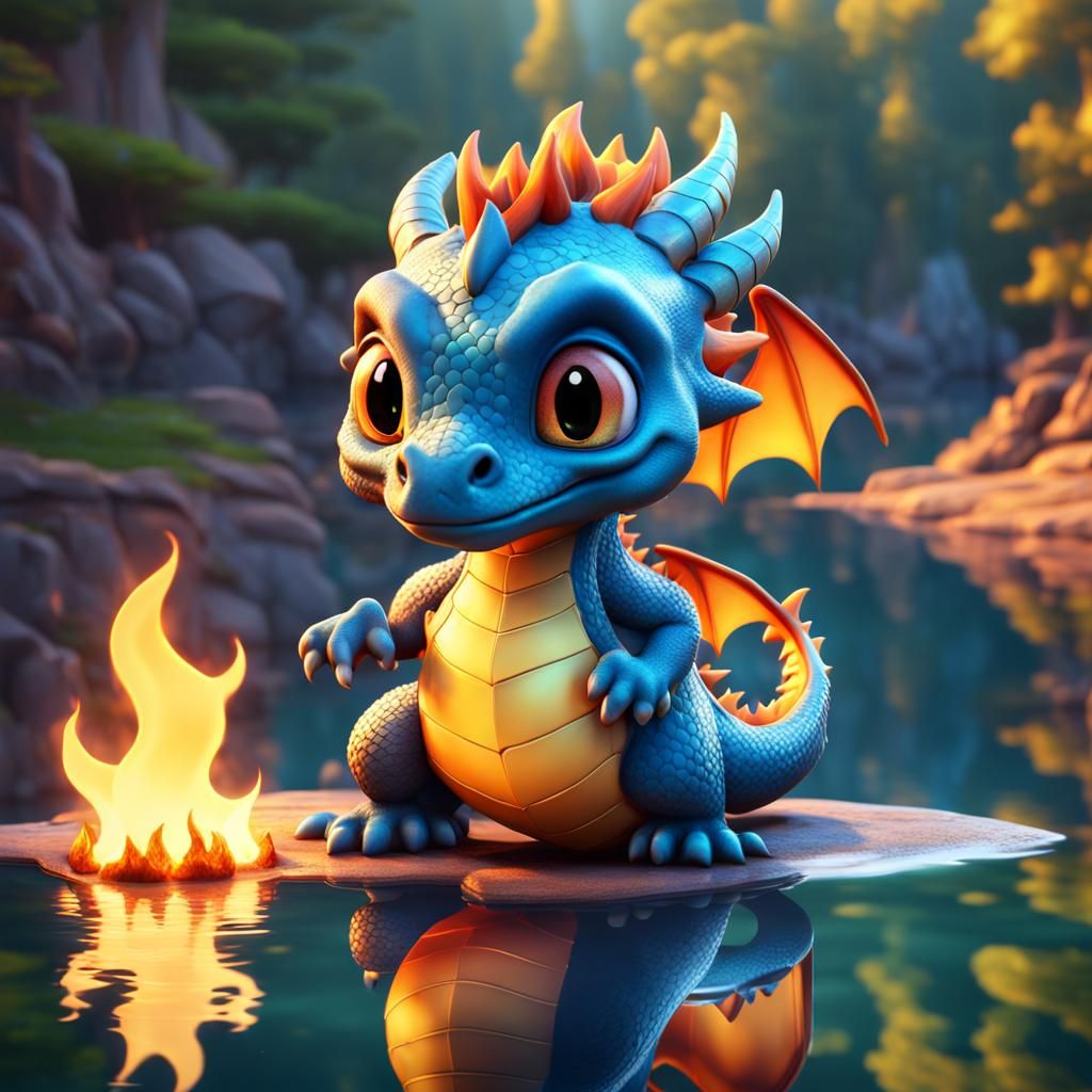 Cute Baby Dragon Reflection, 3D Cartoon Style