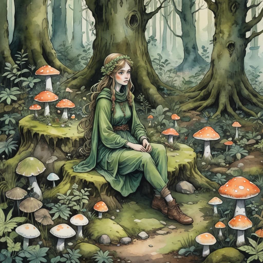 Mossy Stone Woman and Mushroom Pixies in Forest