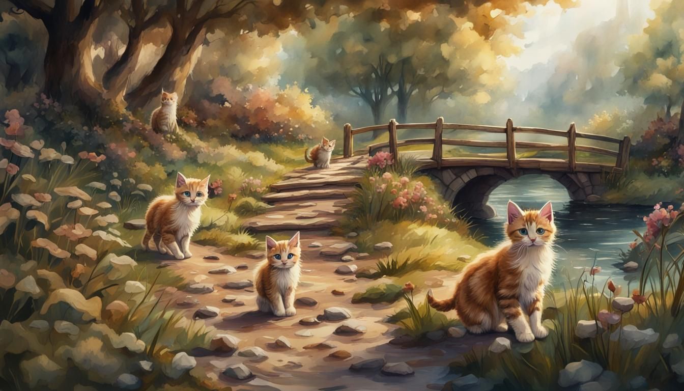 Kittens Play on Country Path: Watercolour Painting