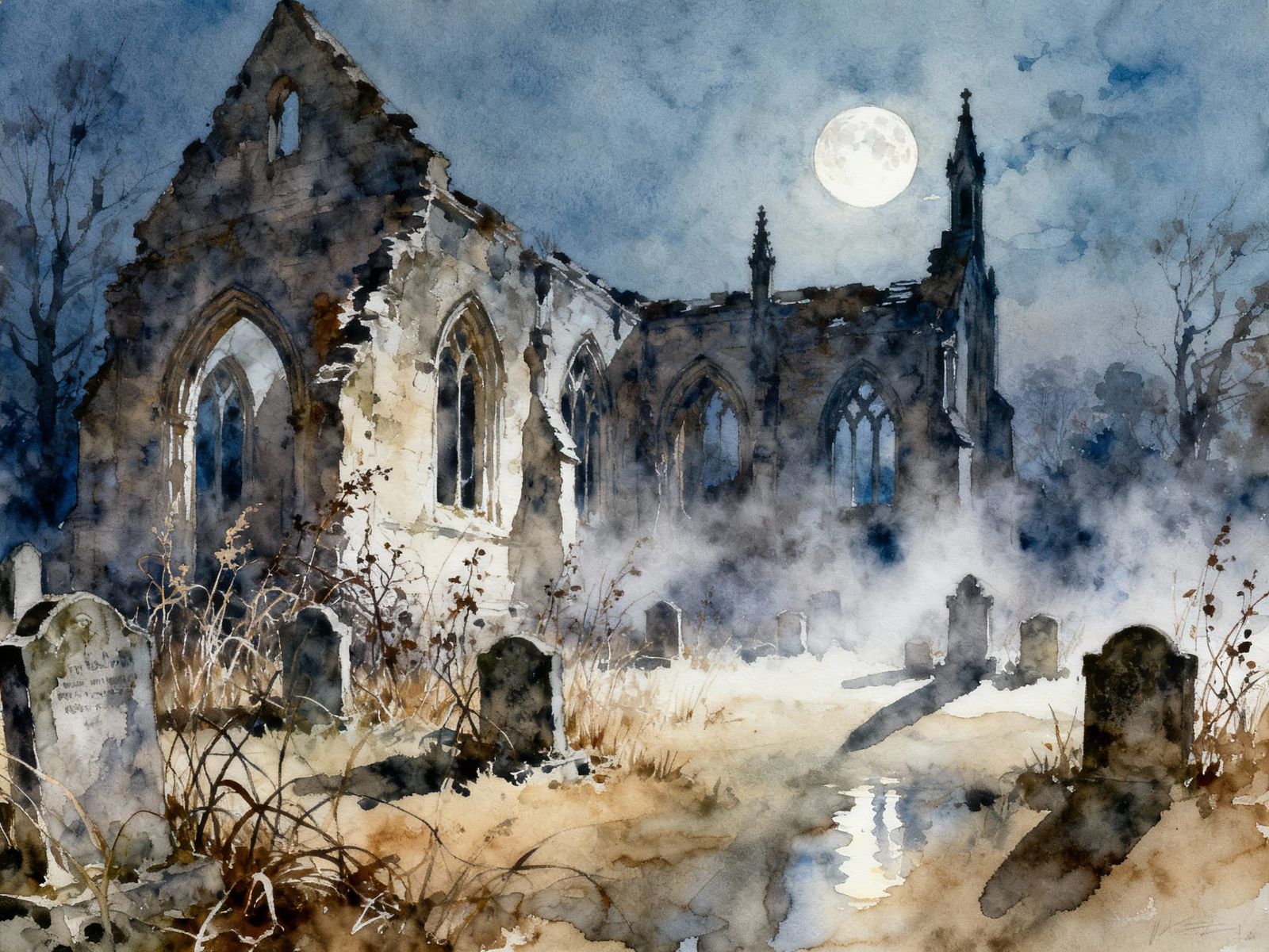 Ethereal Night Scene: Abandoned Gothic Church in Mist