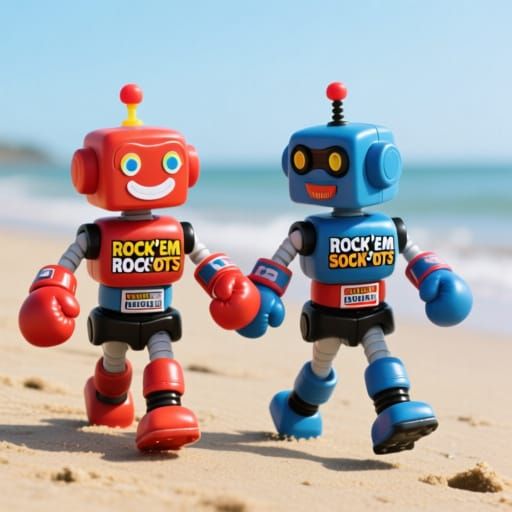 Boxing Robots Hold Hands Walking on a Beach