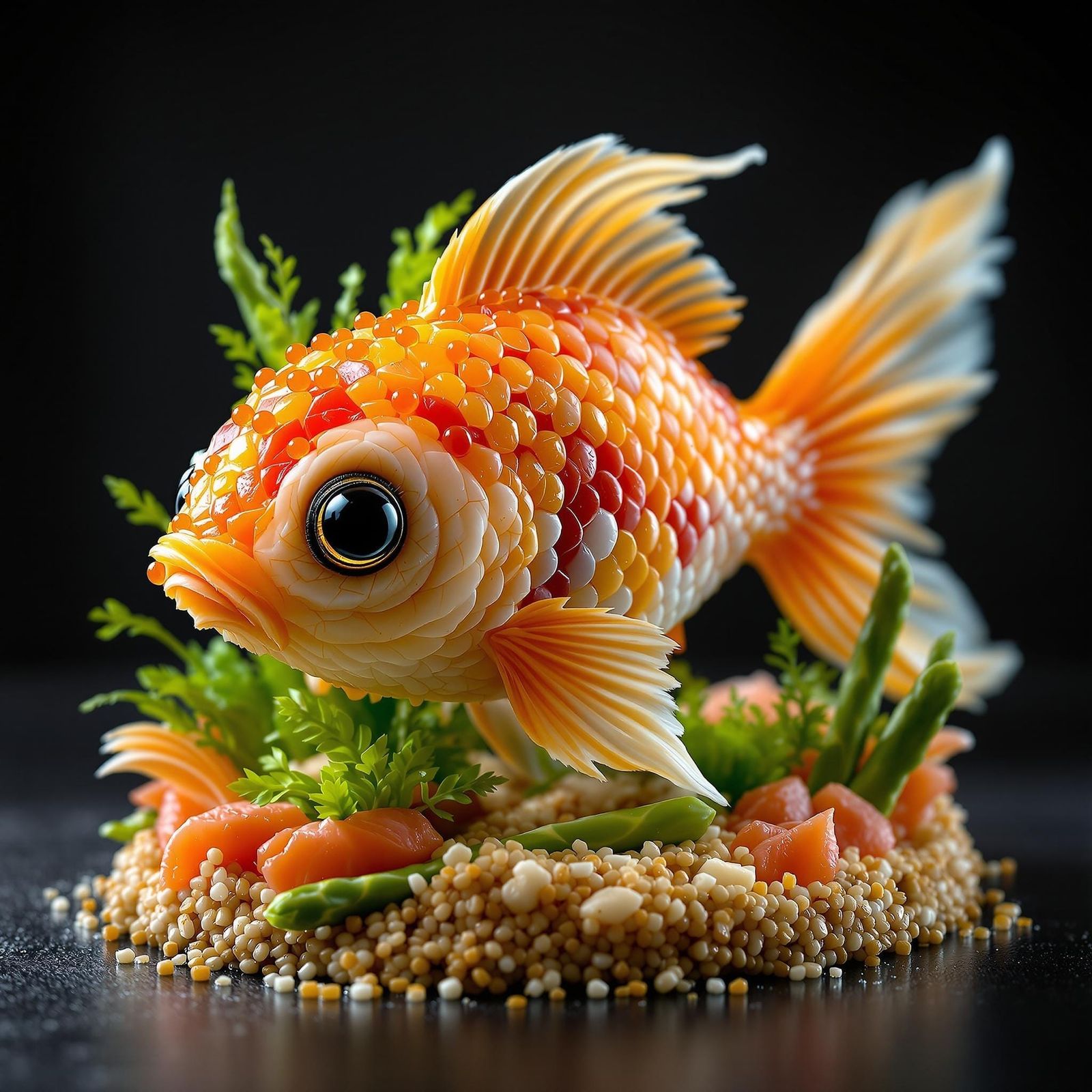 Hyper-Realistic Sushi Goldfish Sculpture in Luxury Exhibitio...