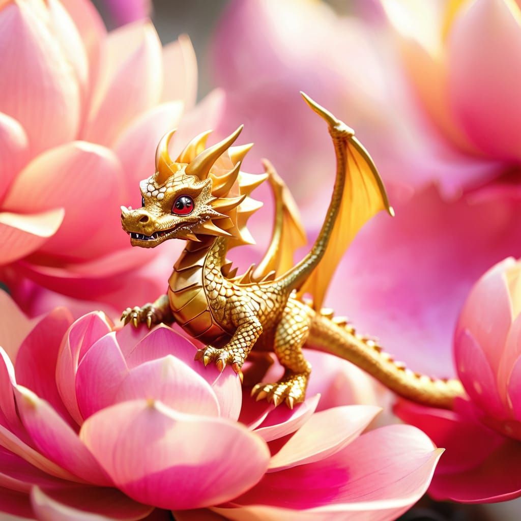 Golden Dragon Shimmers in Lotus Blossom