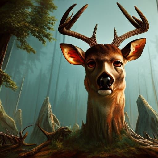 Skull Deer Emerges in Ancient Forest: Detailed Matte Paintin...