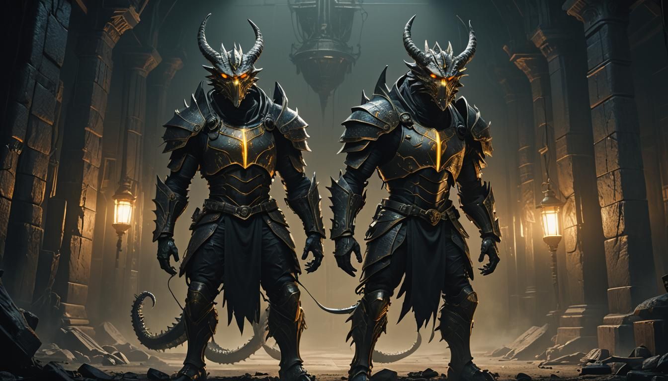 Towering Draconian Warrior in Dark Fantasy Chamber