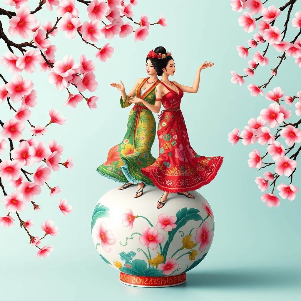 Hula Dancers on Porcelain Vase in Surrealist Style