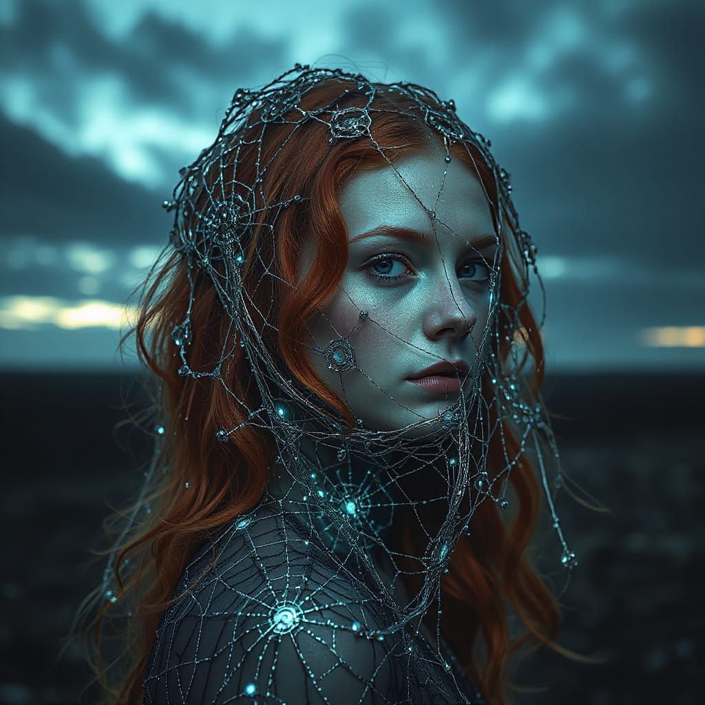 Ethereal Woman in Shimmering Filigree Dreamscape