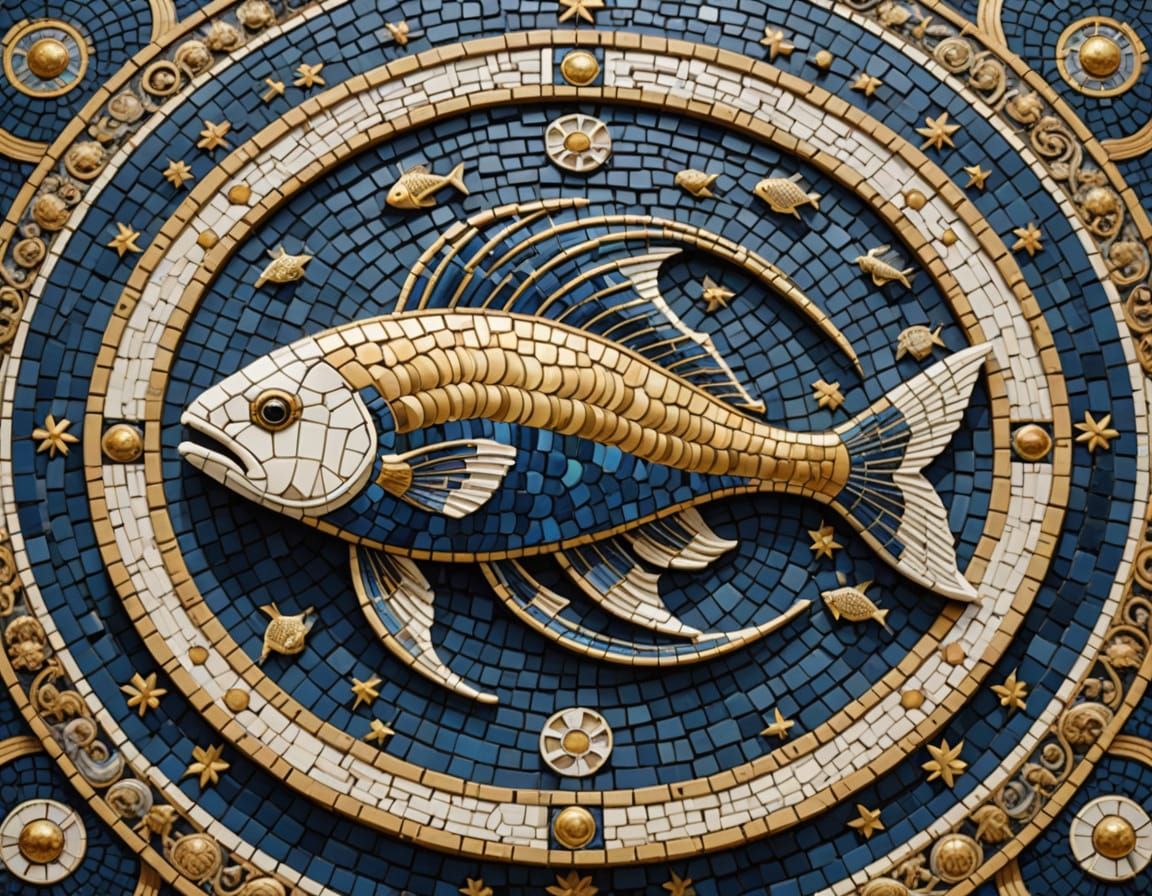 Ancient Greek Zodiac Mosaic in Blue, White, and Gold