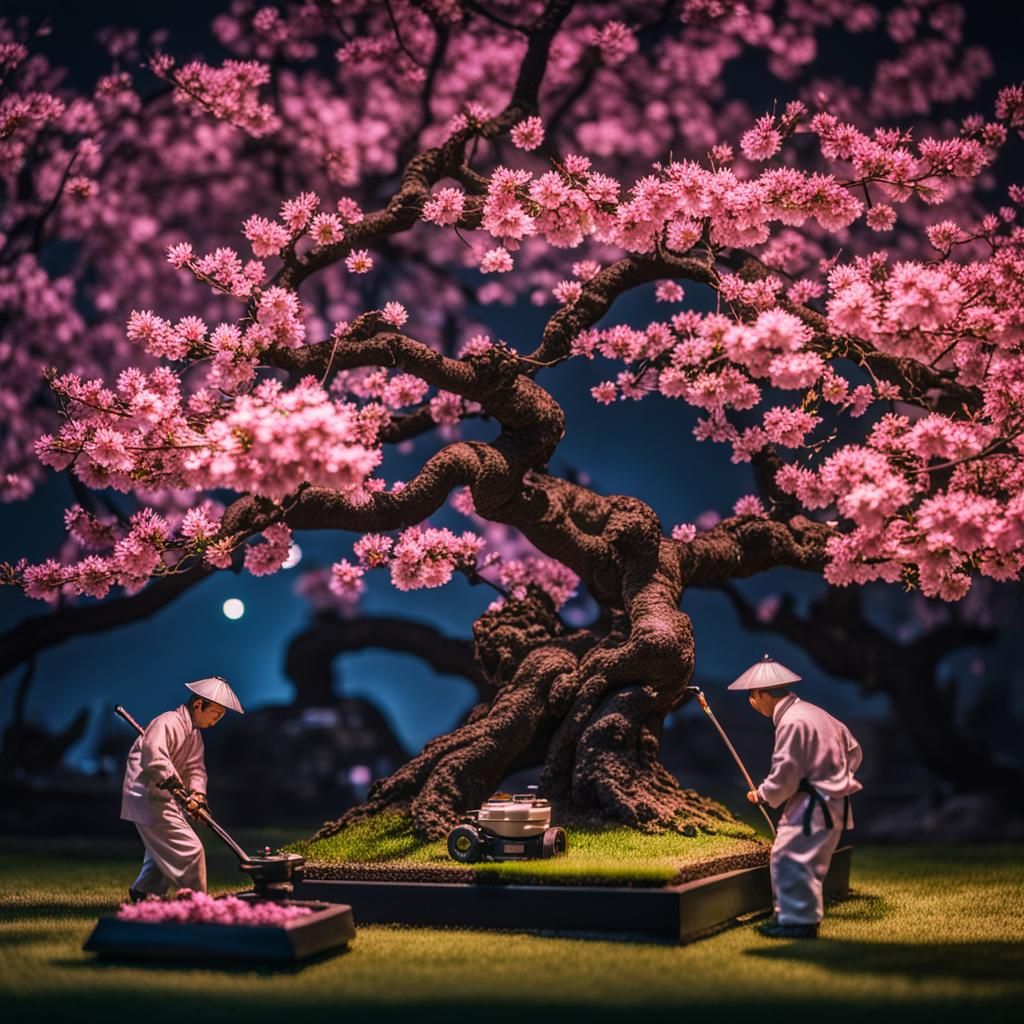 Miniature Gardeners Tend Cherry Blossom Bonsai at Night