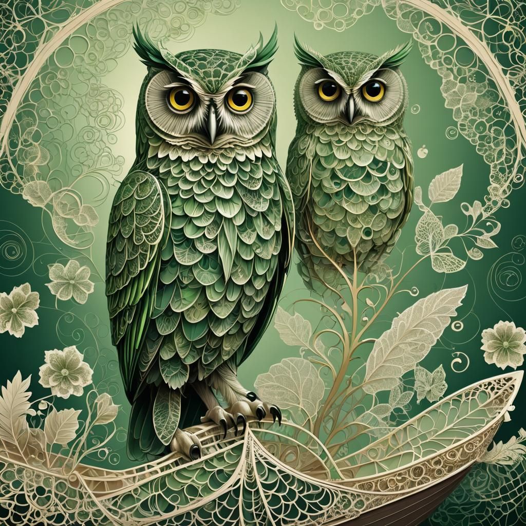 Detailed Owl with Green Eyes in Lace Dress