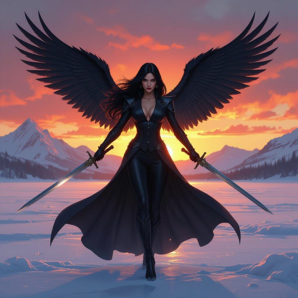 Warrior Woman with Black Wings and Swords at Sunset