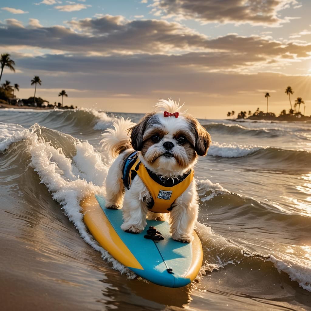 Shih tzu on a surf board