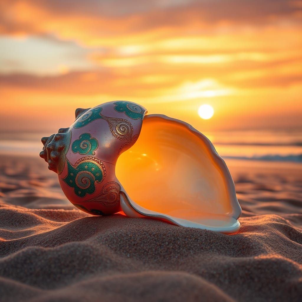 Luminous Conch Shell on Golden Sand in Klimt Style