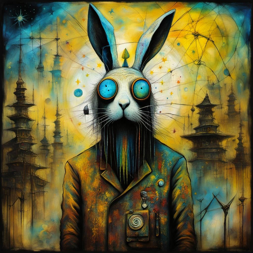 Surrealist Bunny Man in Chemtrails Futurism Style