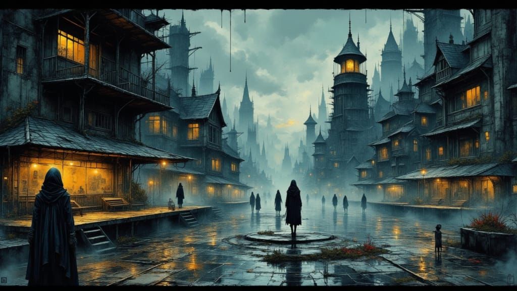 Unsettling Cityscape in Deep Complementary Colors