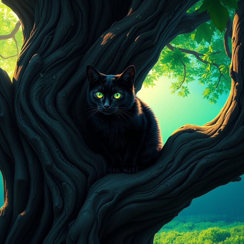 Majestic Onyx Cat Reigns in Ancient Tree Landscape