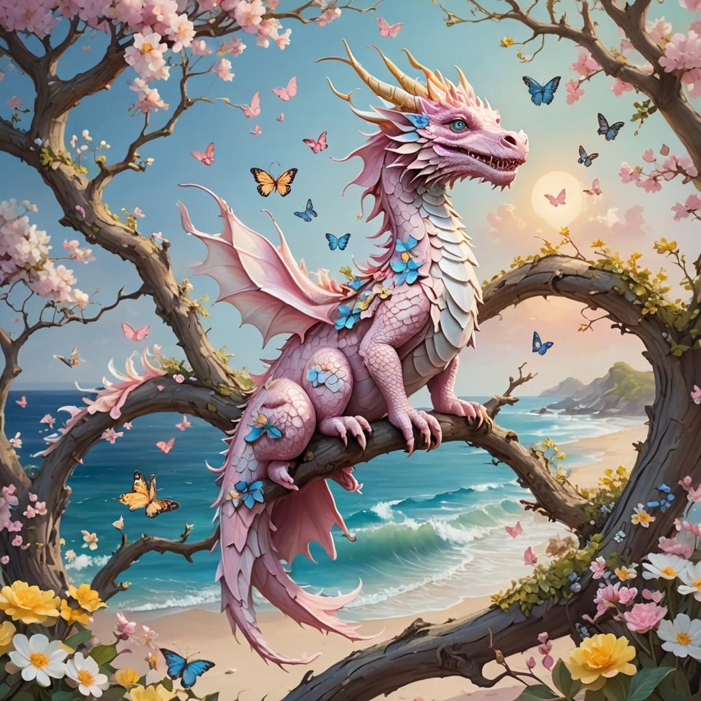 Fairytale Dragon with Butterflies in Watercolor Style