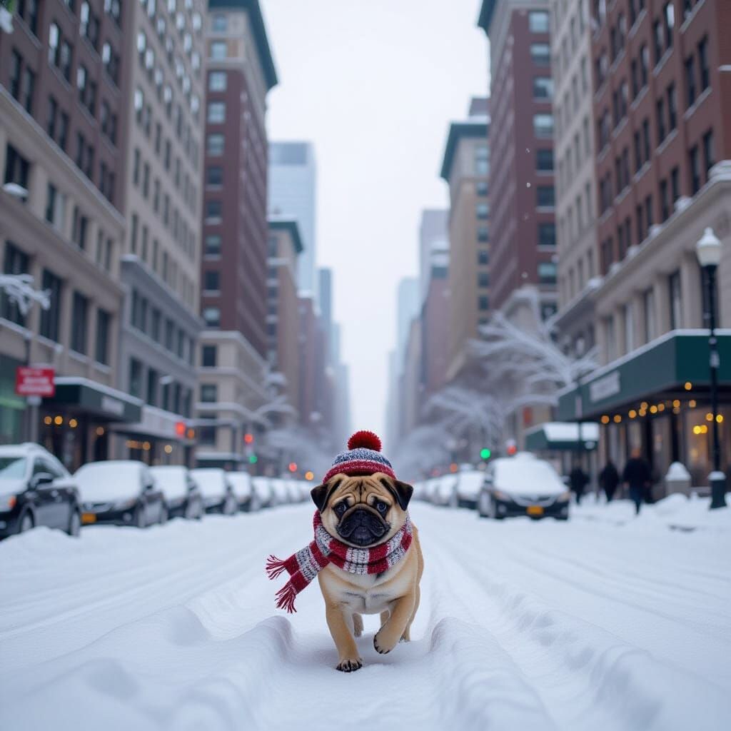 Pug in Snowy New York City Adventure