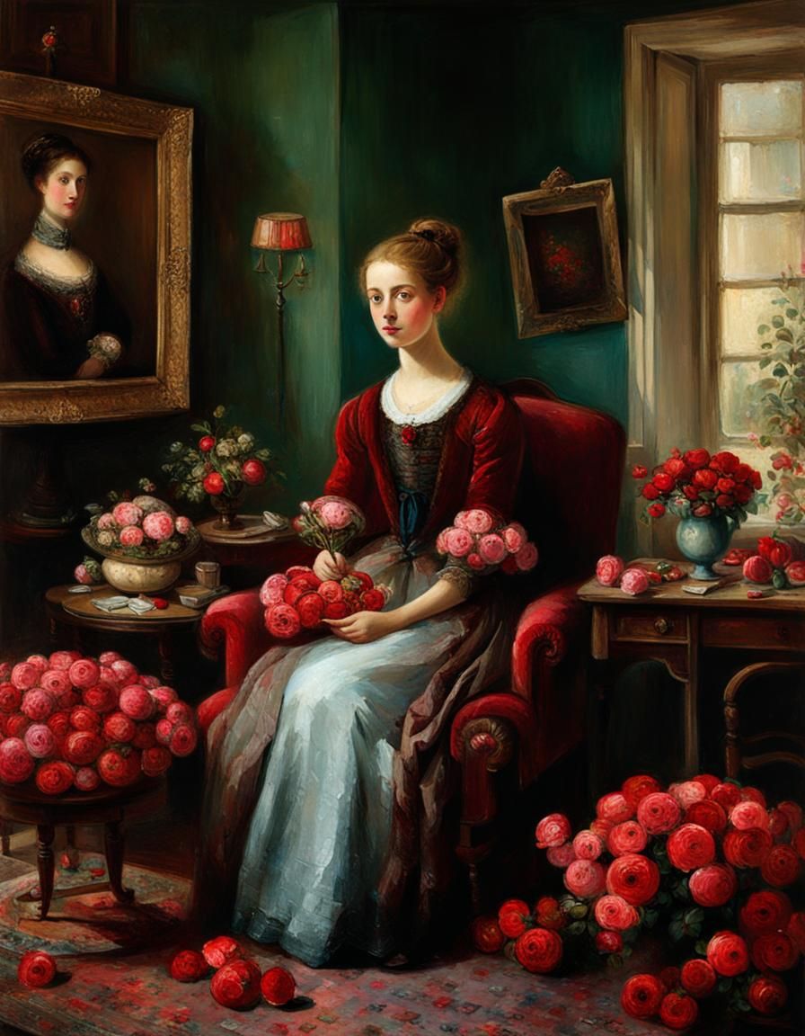 Young lady with roses everywhere