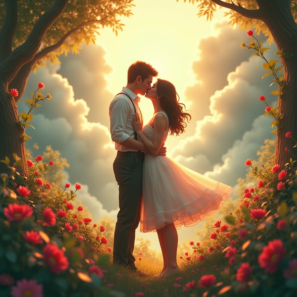 Couple's Kiss in a Dreamlike Landscape
