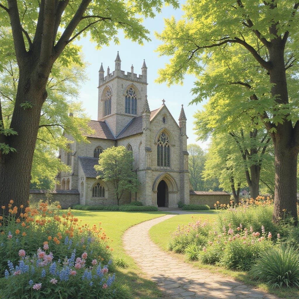 Whimsical Cathedral Amidst Spring Leaves in Pastel Hues