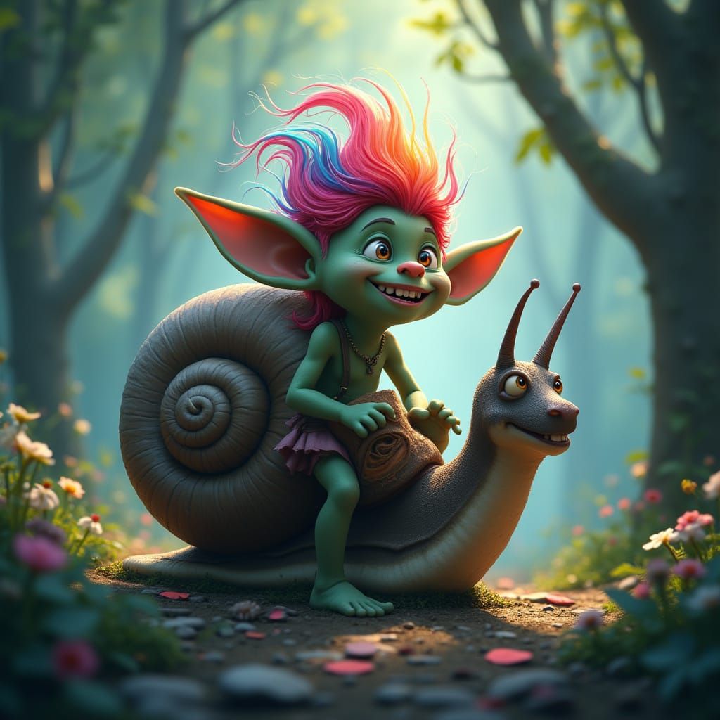 Troll Rides Snail Through Bioluminescent Forest