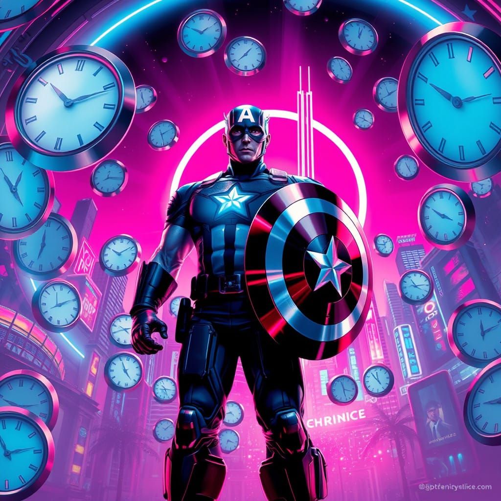 Captain America in a Retro-Futuristic Vortex of Floating Clo...