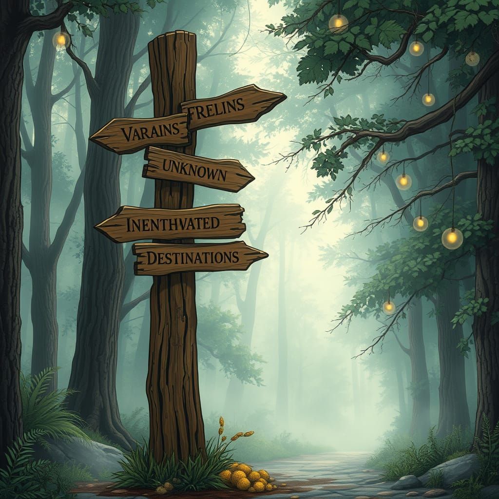 Enchanted Forest Signpost in Whimsical Storybook Style