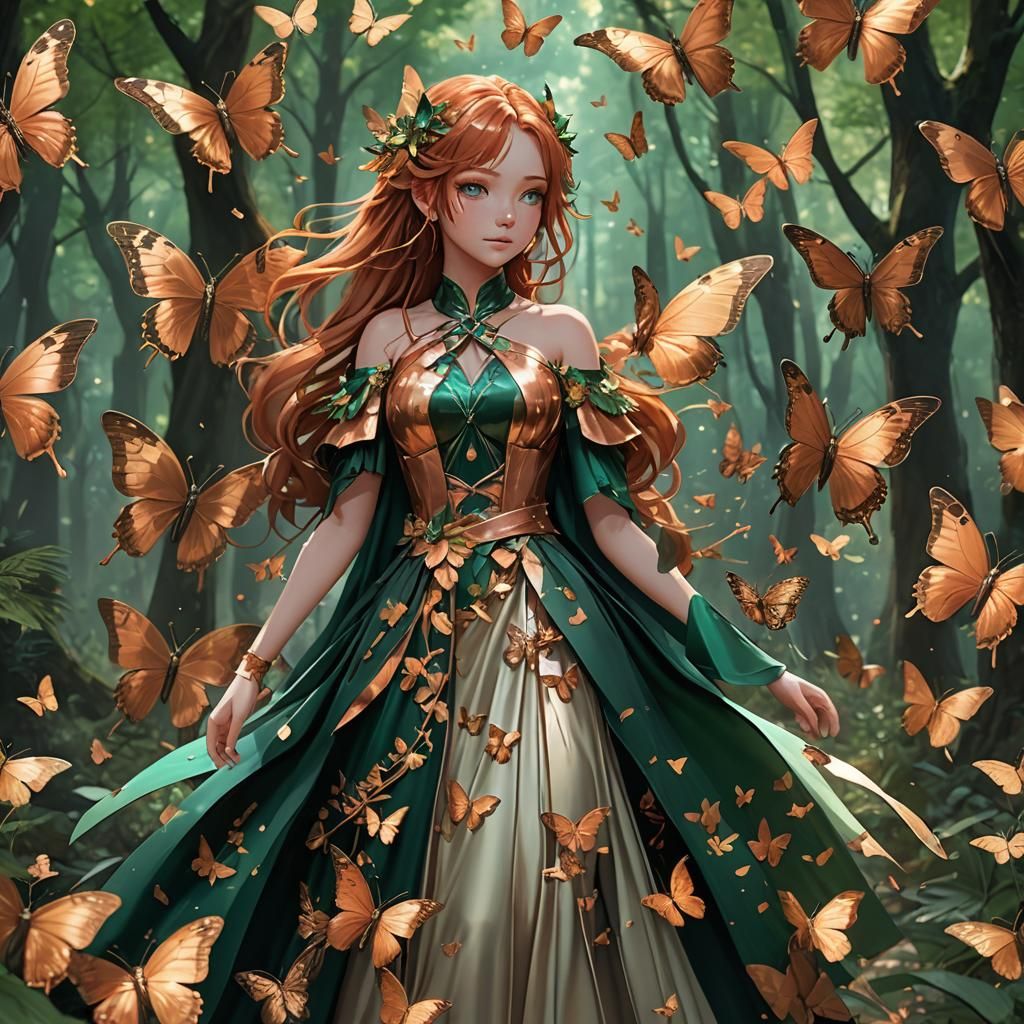 Anime Girl in Emerald Gown, Copper Butterfly Forest