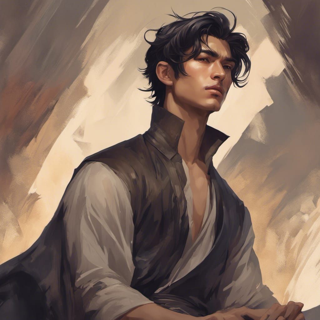 Portrait of a Handsome Asian Man, Detailed Splash Art