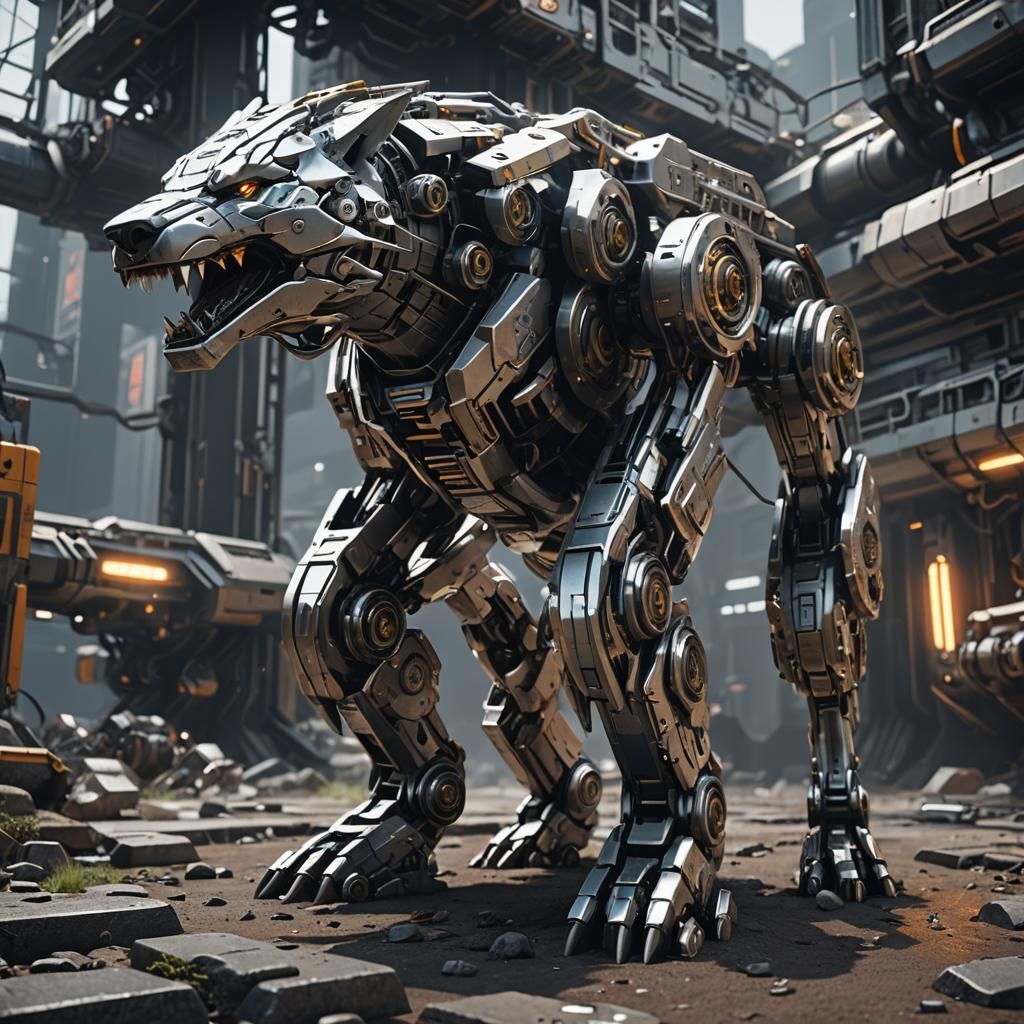 Futuristic Sci-Fi Mecha Wolf in Polished Metal