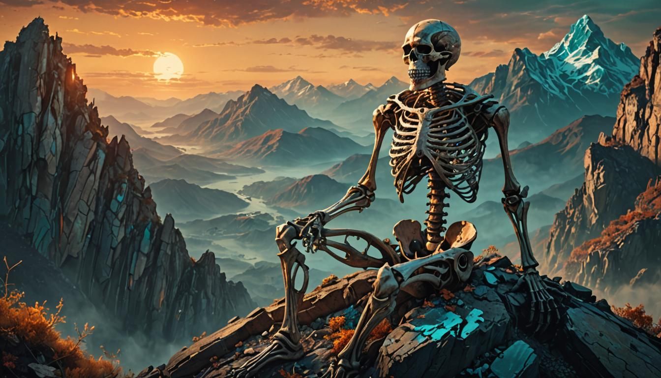 Ethereal Fantasy Art: Titan Skeleton on Mountain Peak