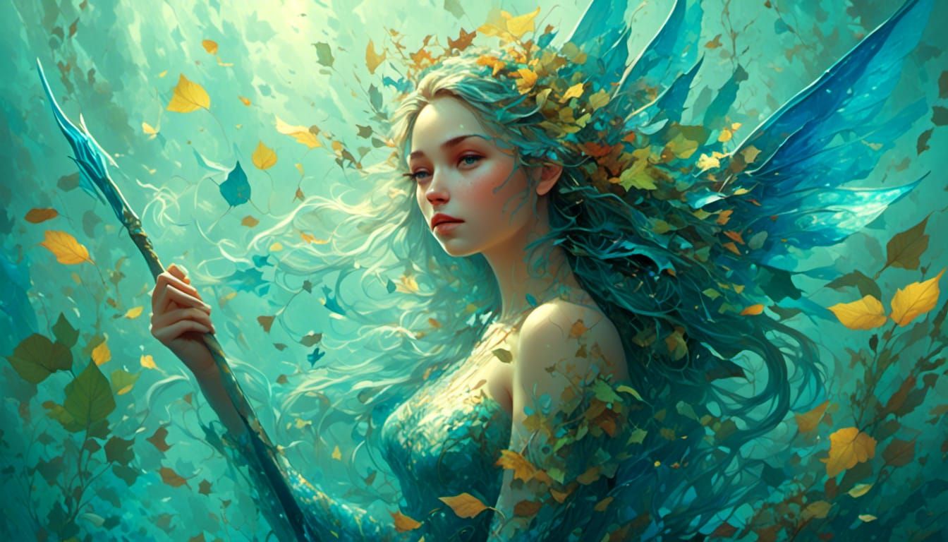 Underwater Forest Fairy with Trident in Hyperreal Style