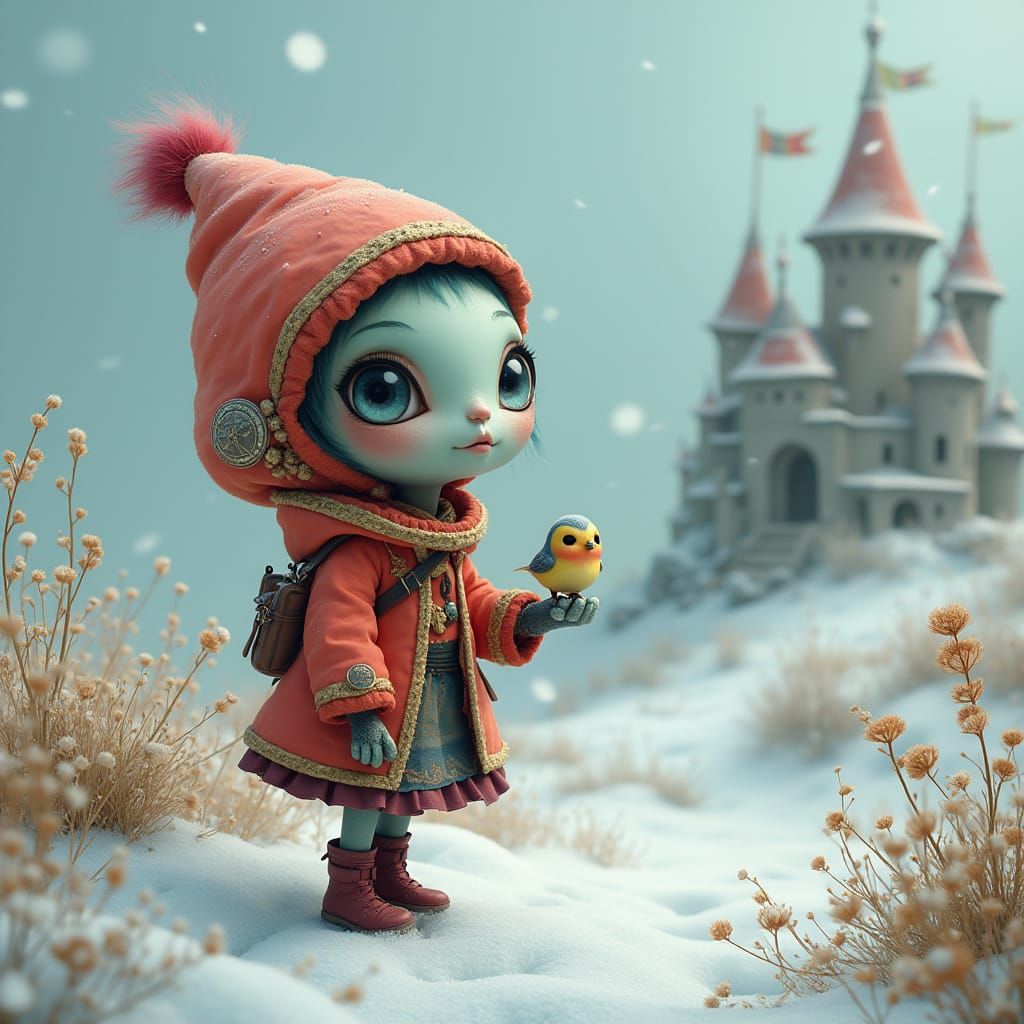 Whimsical Alien Character in Naive Art Style