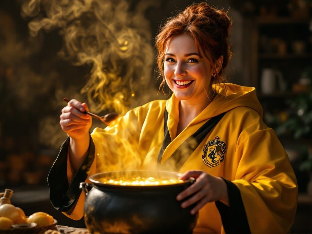 Warm-Lit Portrait of a Joyful Hufflepuff Wizard in Elegant R...