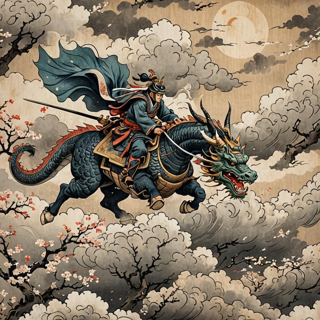 Samurai on Dragon in Ukiyo-e Style