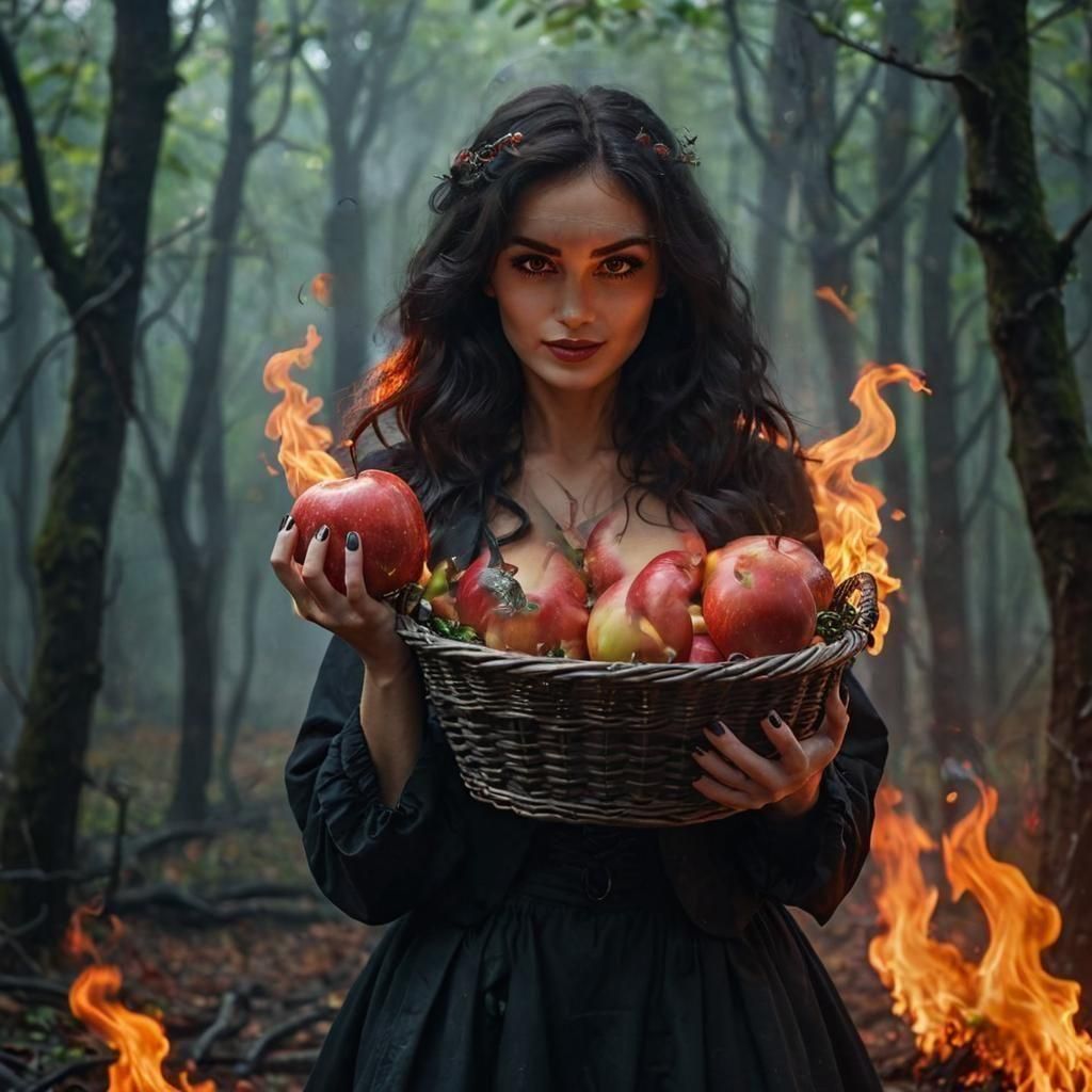 Dark Enchantress Holding Poisoned Apples amidst Burning Infe...