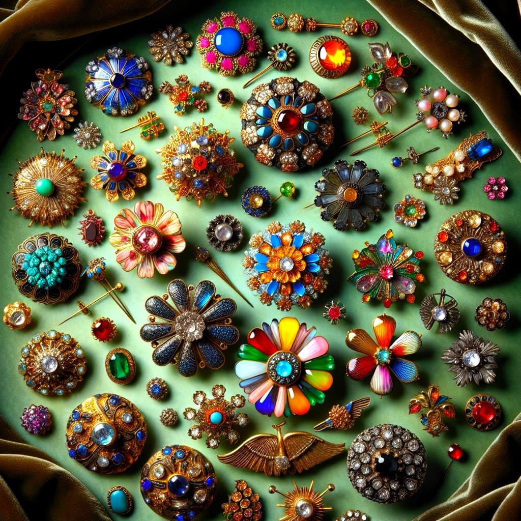 Vintage Jewelry Brooches on Green Velvet