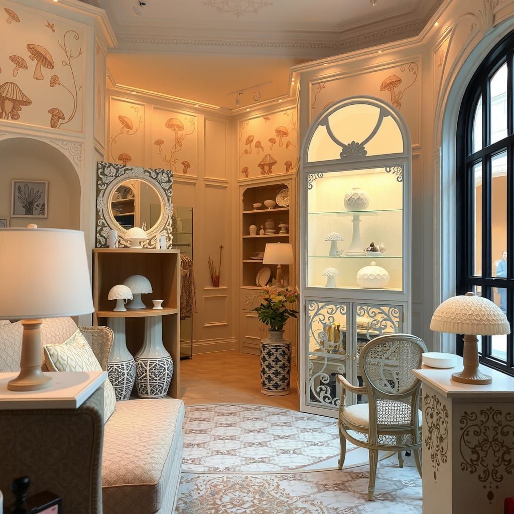 Whimsical Art Nouveau Boutique Interior with Mushroom Prints