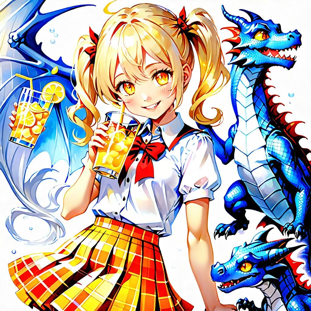 Anime Girl with Dragon in Watercolor Style