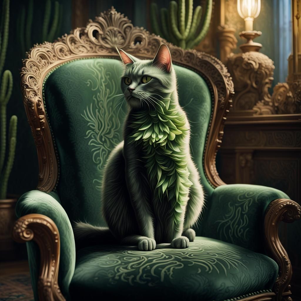 Green Cactus Cat in Victorian Dark Fantasy Style