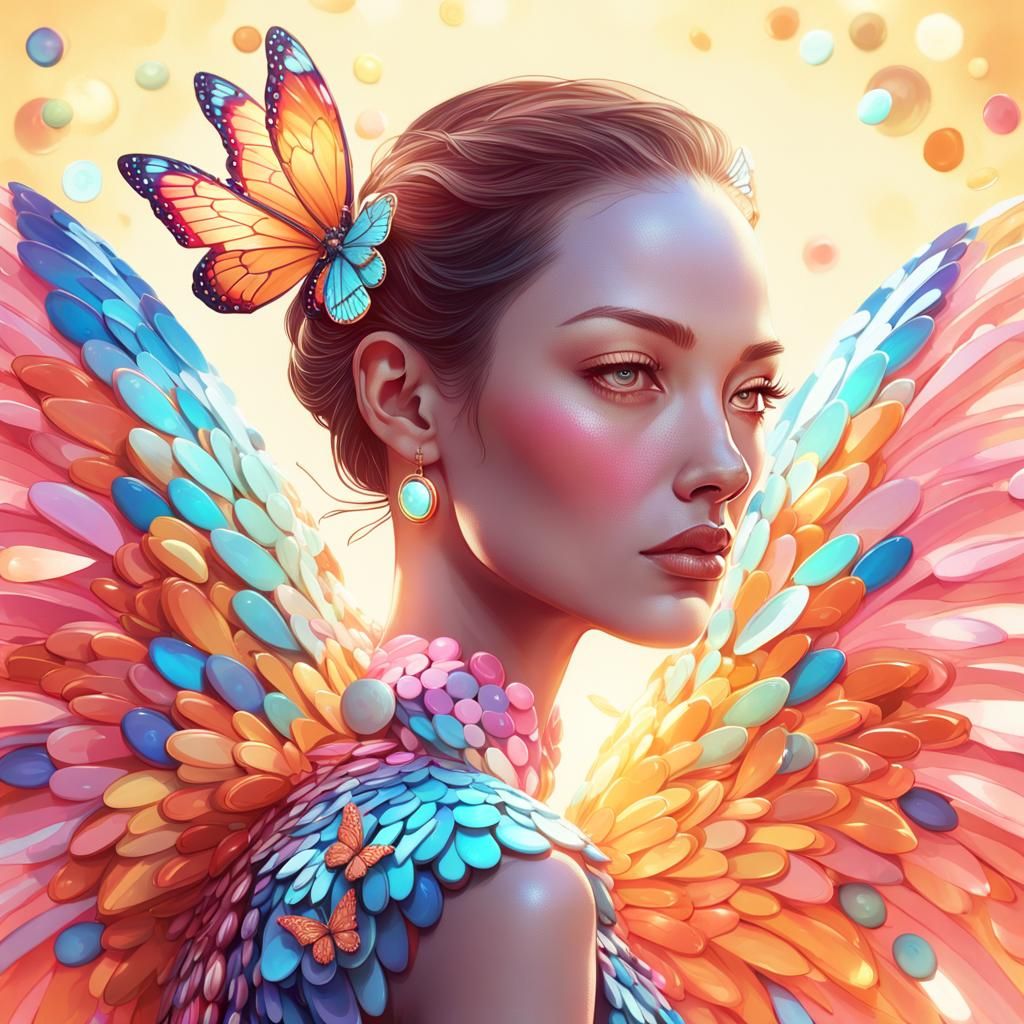 Flamingo Portrait with Butterflies and Buttons in Art Nouvea...