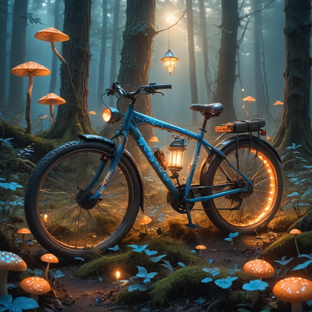 Fantastical Bike in Glowing Forest: Matte Painting