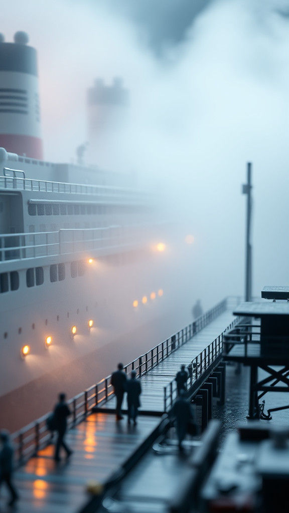 Miniature Ocean Liner Dock Scene in Fog