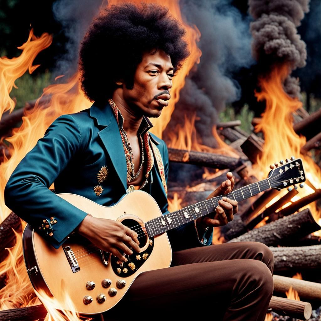 1960s music icon, Jimi Hendrix, in the classic 60's art style, sitting on a camp fire playing his guitar
