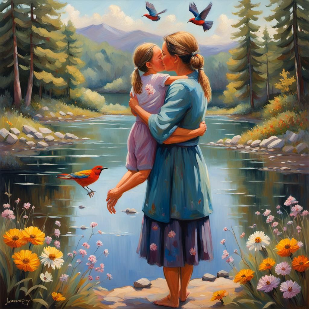 Emotional Mother-Daughter Reunion by Lake, Oil Painting